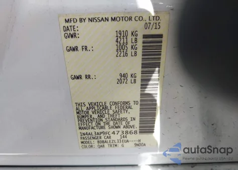 2015 Nissan Altima 2.5 S z USA, uszkodzony, nr VIN 1N4AL3AP9FC473868